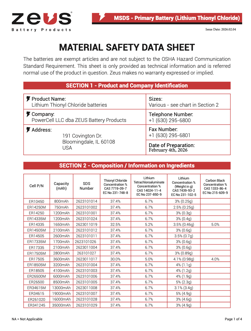 Primary Battery (Lithium Thionyl Chloride)